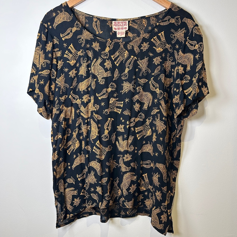 Vintage 60’s Putumayo NY Black & Gold Whimsical Patterned Top Made in India S